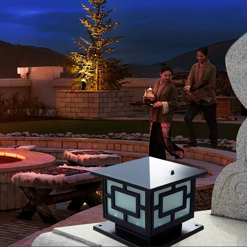 Outdoor Vintage Pillar Light Garden Glass Lighting Yard Gate Black Post Lamp - Image 3 of 4