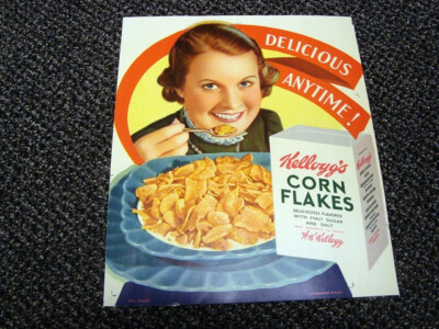 Circa 1940s Kellogg Lady Eating Corn Flakes Paper Sign