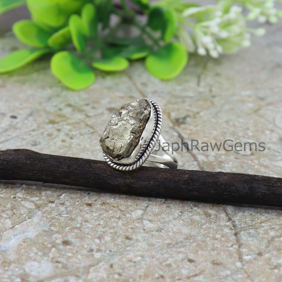 Natural Pyrite 925 Sterling Silver Boho Uncut Healing Crystal Ring Jewelry - Image 2 of 4