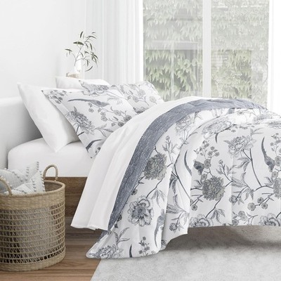 Cottage Queen Comforter Set 3Pc Blue Floral Farmhouse Coastal Lodge Reversible