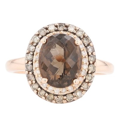 2.97ctw Oval Cut Smoky Quartz & Diamond Double Halo Ring 14k Rose Gold Size 6.5