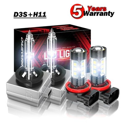 For 2013-2017 GMC Acadia D3S HID Headlight Hi/Lo Beam + H11 LED Fog Light Bulbs