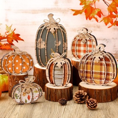 6 Pcs Fall Pumpkin Decor Pumpkin Wooden Block Sign Fall Tiered Tray Decor for...