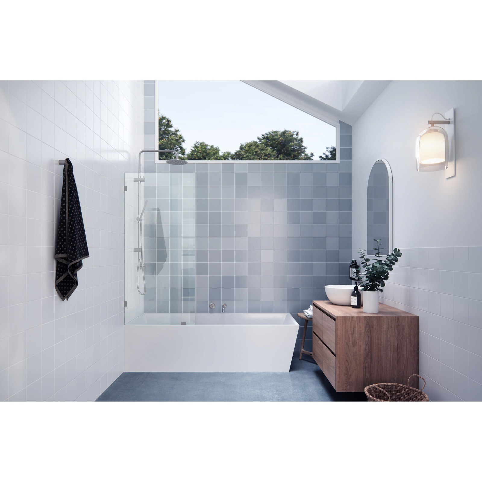 Frameless Brushed Nickel Shower Bath Glass Panel 58.25 x 28.5 Inches
