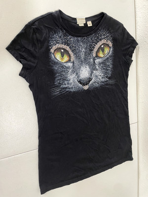 Diesel Black Studs Accents T-Shirt Cat Print Girl Size 14