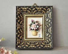 Vintage Porcelain Plaque Flowers Capodimonte Wooden Frame Gilded Wall Decor