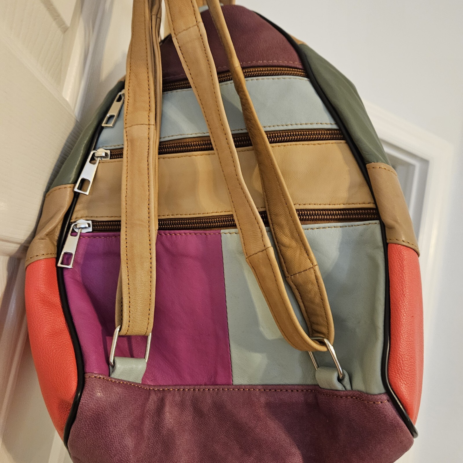 Boho  Leather Backpack Soft Patchwork Lamb Leathe… - image 8