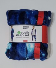 Lands End 3 Piece Boys Sleep Set Robe Pajama Top Bottom, Blue, Medium 10/12