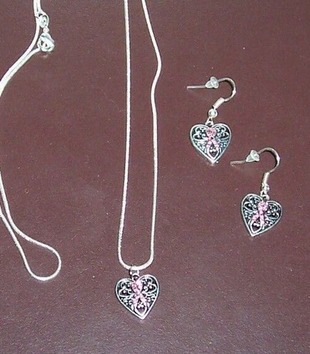 Breast Cancer Awareness Rhinestone Ribbon Heart Pendant on 925 Chain & Earrings - Picture 4 of 4