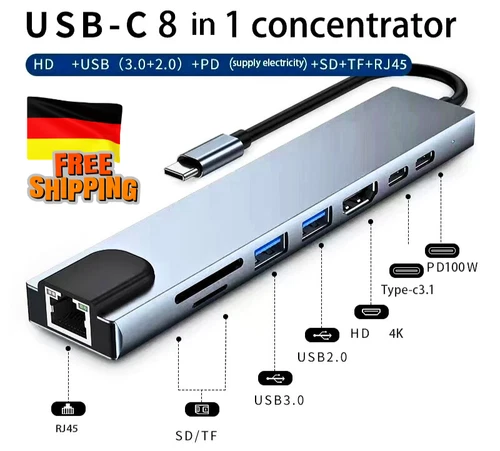 USB-C Hub 8-in-1 Adapter 4K HDMI RJ45 Ethernet USB 3.0 SD TF Card Reader PD