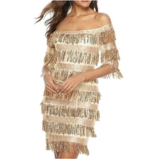 Chartou Off The Shoulder Fringed Sequin Party Style Dress NWT