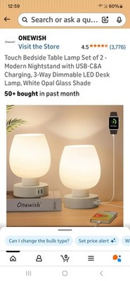 Onewish Touch Table Lamp Set of 2, USB Charging, 3-Way Dimmable LED