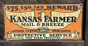 Vintage 1940s 50s Kansas Farmer Mail & Breeze Reward Sign Emblazed Eagle Capper