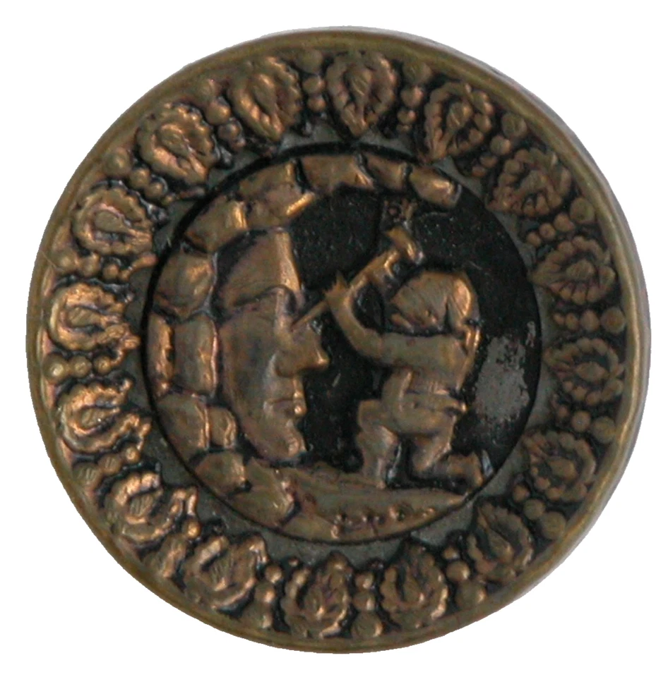 Antique Stamped Brass Picture Button Moon Face Rock Gnome Sculptor  1" - Image 2 of 3