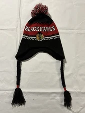 Chicago Blackhawks Knit Beanie Hat Pom Ear Flaps One Size NHL Old Time Sports