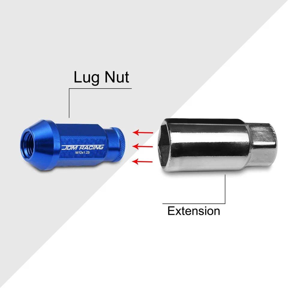 M12X1.25 Azul JDM Gama Abierta Bellota Hexagonal Llanta Tuercas + Extensión 25mmx50mm 20 Piezas Foto 2 de 4