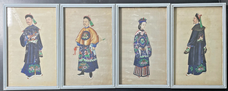 Set of 4 Chinese Qing Dynasty Court Portrait Paintings Framed Asian Art Vintage