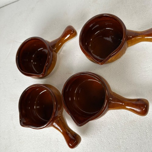 Set of 4 Vintage Small French Onion Soup Style Crocks Handled Bowls Brown Glazed - Picture 2 of 6
