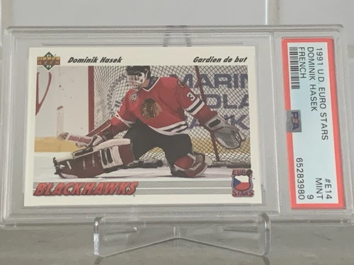 1991 UPPER DECK FRENCH EURO STARS #E14 DOMINIK HASEK PSA 9 - CHICAGO BLACKHAWKS
