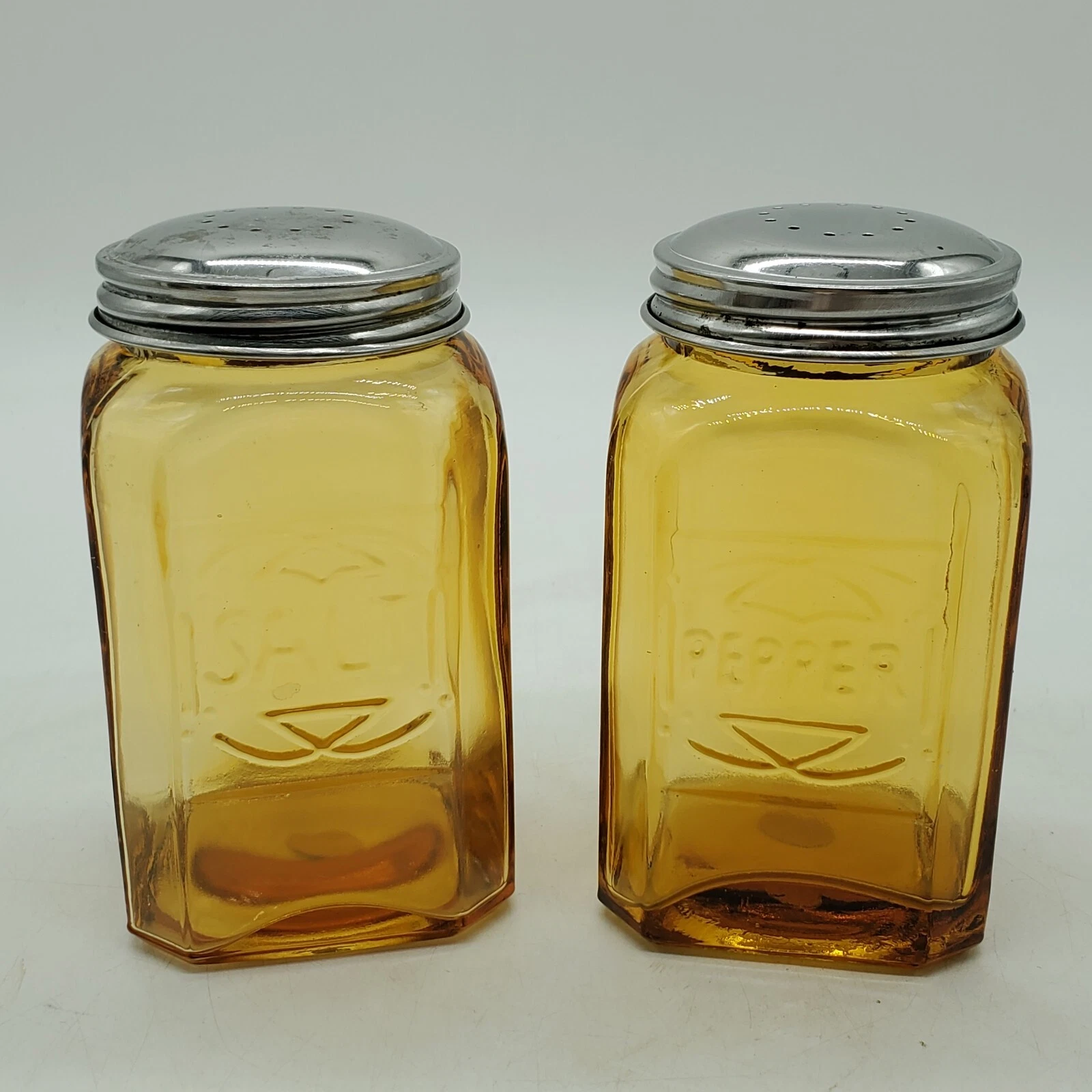 Amber Retro Glass Salt & Pepper Shakers Large Metal Tops