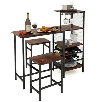 Breakfast Bar Table and Stools Set, 3 PCS Bar Table Set with Glass Holders