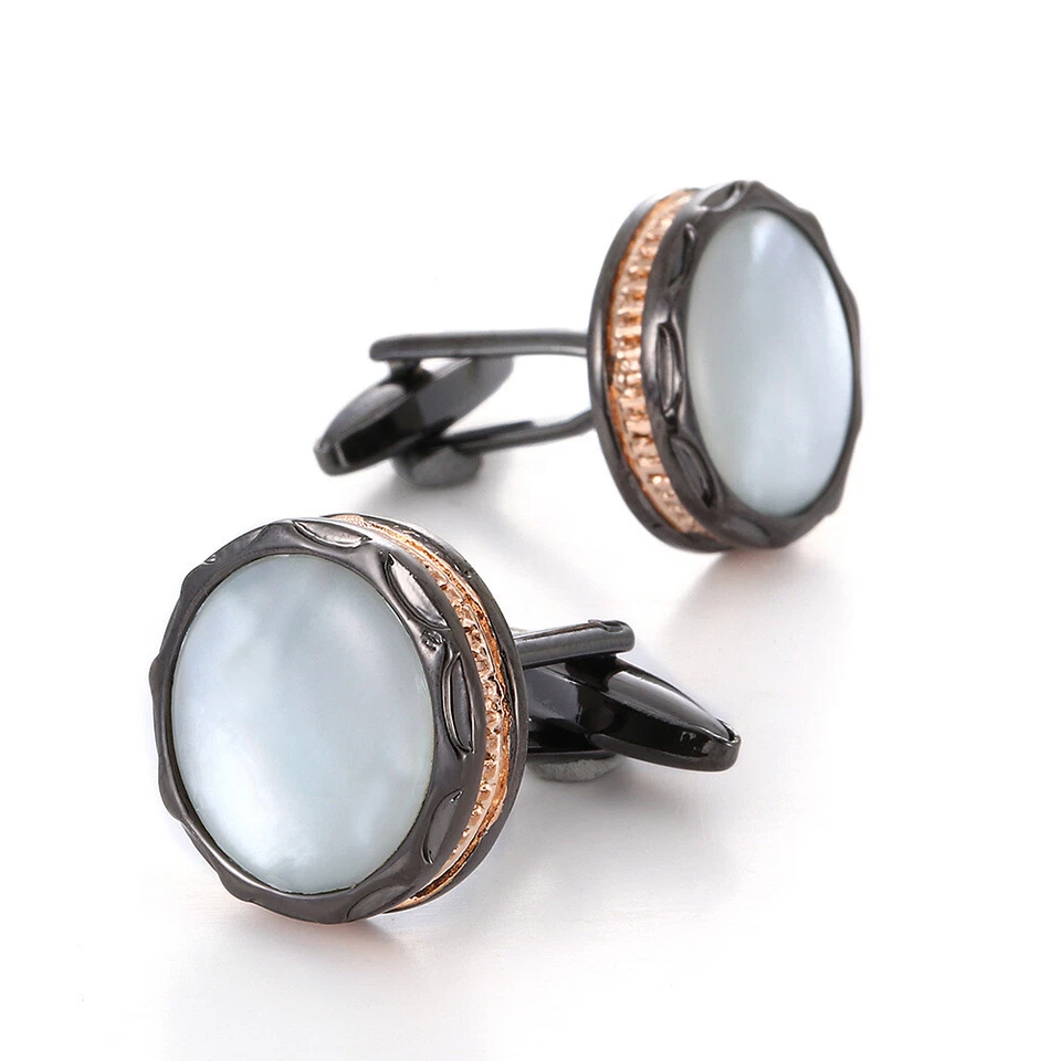 Natural Shell Cufflinks French Cufflinks Wedding Cufflinks Round Black Cufflinks - Image 2 of 4