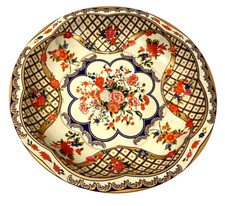 Vintage Ornate Floral Scalloped Metal Bowl Tin Box Co Red Blue White 10.25x1.5