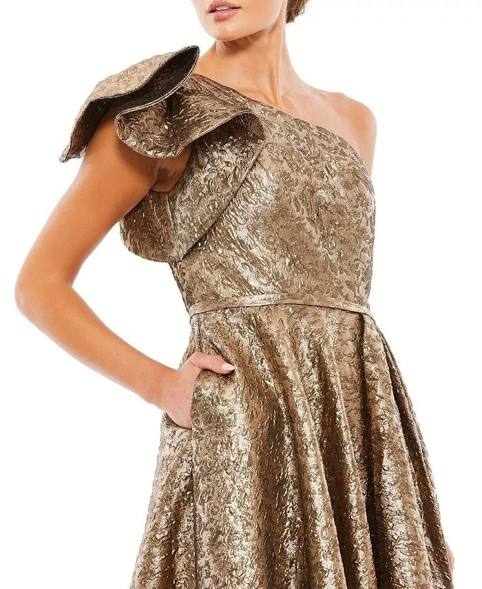 Mac Duggal Antique Bronze Crinkle Metallic Ruffle One Shoulder Gown Size 6 $598 - Image 3 of 3