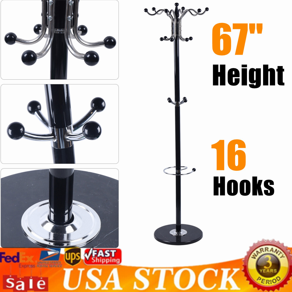 Freestanding Metal Hall Tree Coat Rack with Hat and Clothes Hanger Corner Base