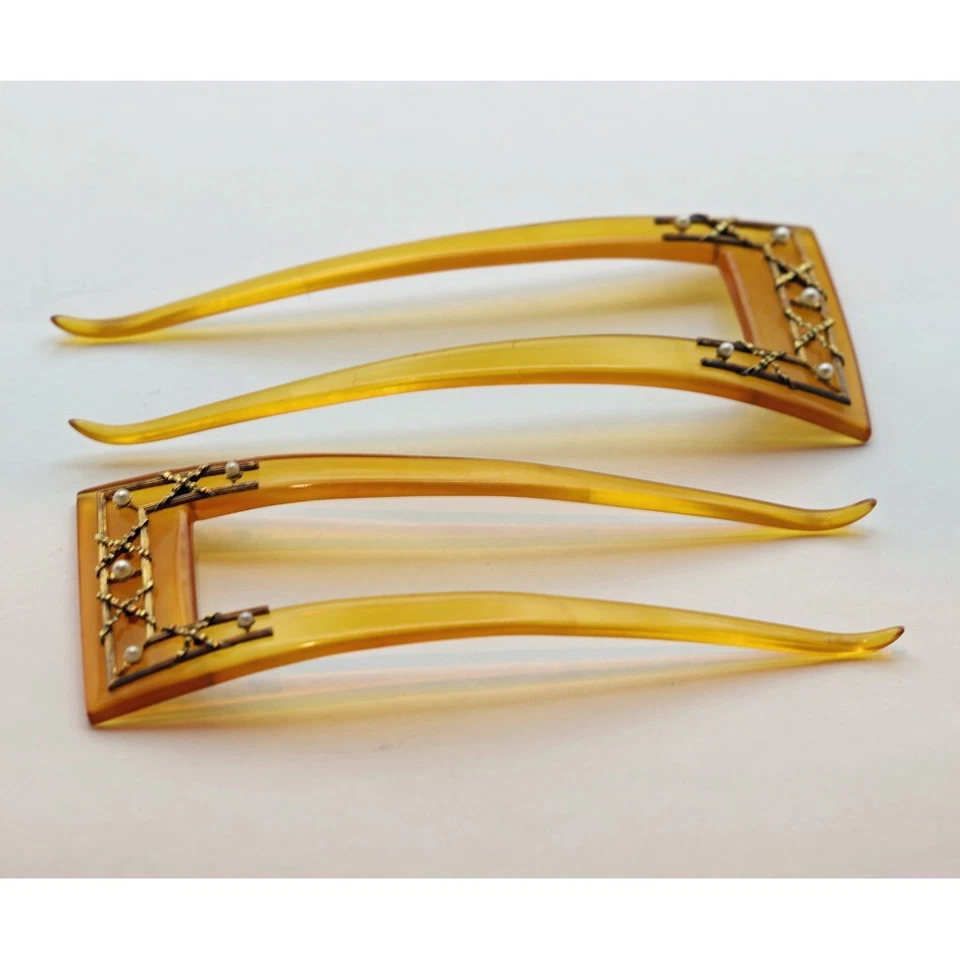 Antiguo peine victoriano francés perlas doradas caja original A Risler & Carre (7478) Foto 2 de 4