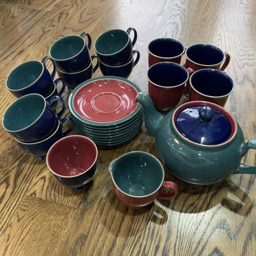 Denby English Stoneware Harlequin Handcrafted Teapot Mugs Cups Saucers Lot of 23