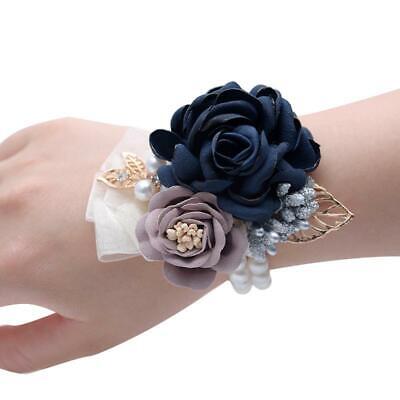 Blue Navy Rose silk flower gold leaf charm beaded Wrist corsage Prom Bridal