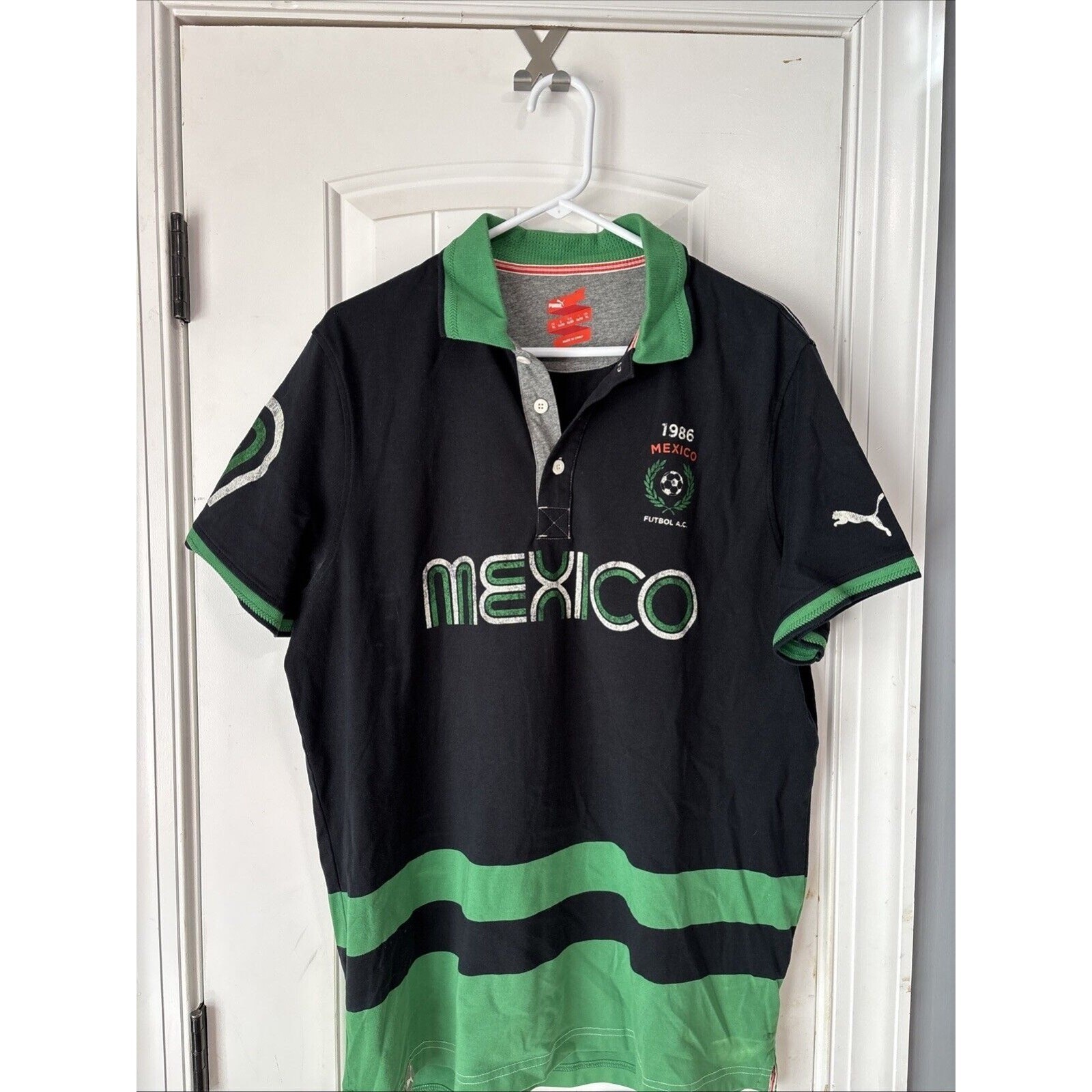 Vintage PUMA 1986 Mexico Football Green & Black Polo Shirt Size XL