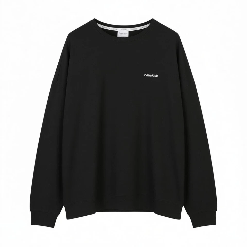 CALVIN KLEIN Homme Sweatshirt XL Noir Crew Logo Brodé Vêtements De Nuit Pull On - Photo 1/4