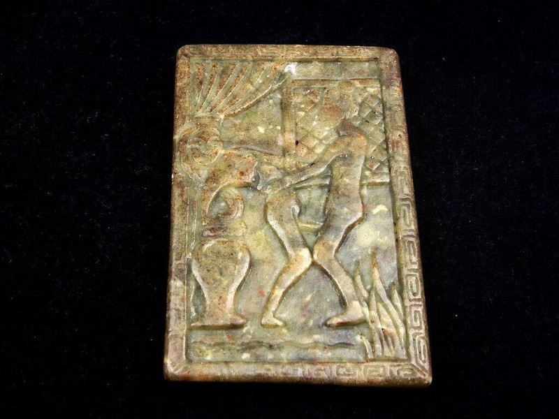 Old Nephrite Jade Stone Carved Paperweight w/ Ancient Exotic Couple #07222203