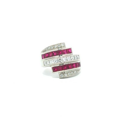 Bandring Platin 2,27 kt Rubin & Diamant mehrreihig breit Bypass Stapeloptik