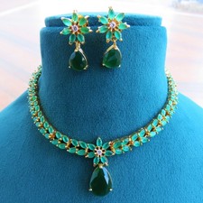 Gold Plated Green Cz Necklace Earring Set Indian Wedding Bridal Jewelry Set RM31