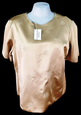 TALBOTS Damen 100% SEIDE beige S/S BESTICKTES TUNIKA OBERTEIL - L - UK16 - UVP 89£
