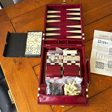 Vintage Travel Game Set Chess Backgammon Dice & Dominoes Burgundy Case