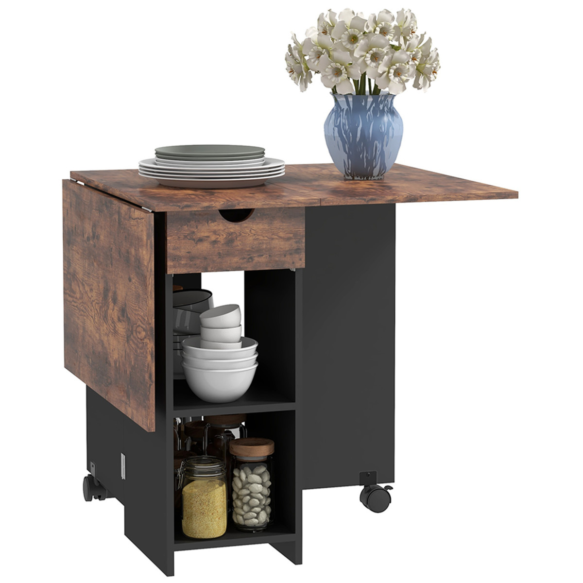 1.4M Dining Table Set, Solid Wood Drop Leaf Table, Extendable Moveable Folding Table With Wheels and 4 Chair, Saving Space, Round Edge Design, for Kitchen Dining Room 25 Drop Leaf Dining Table with Storage Drawer Shelves Expandable Rustic Brown