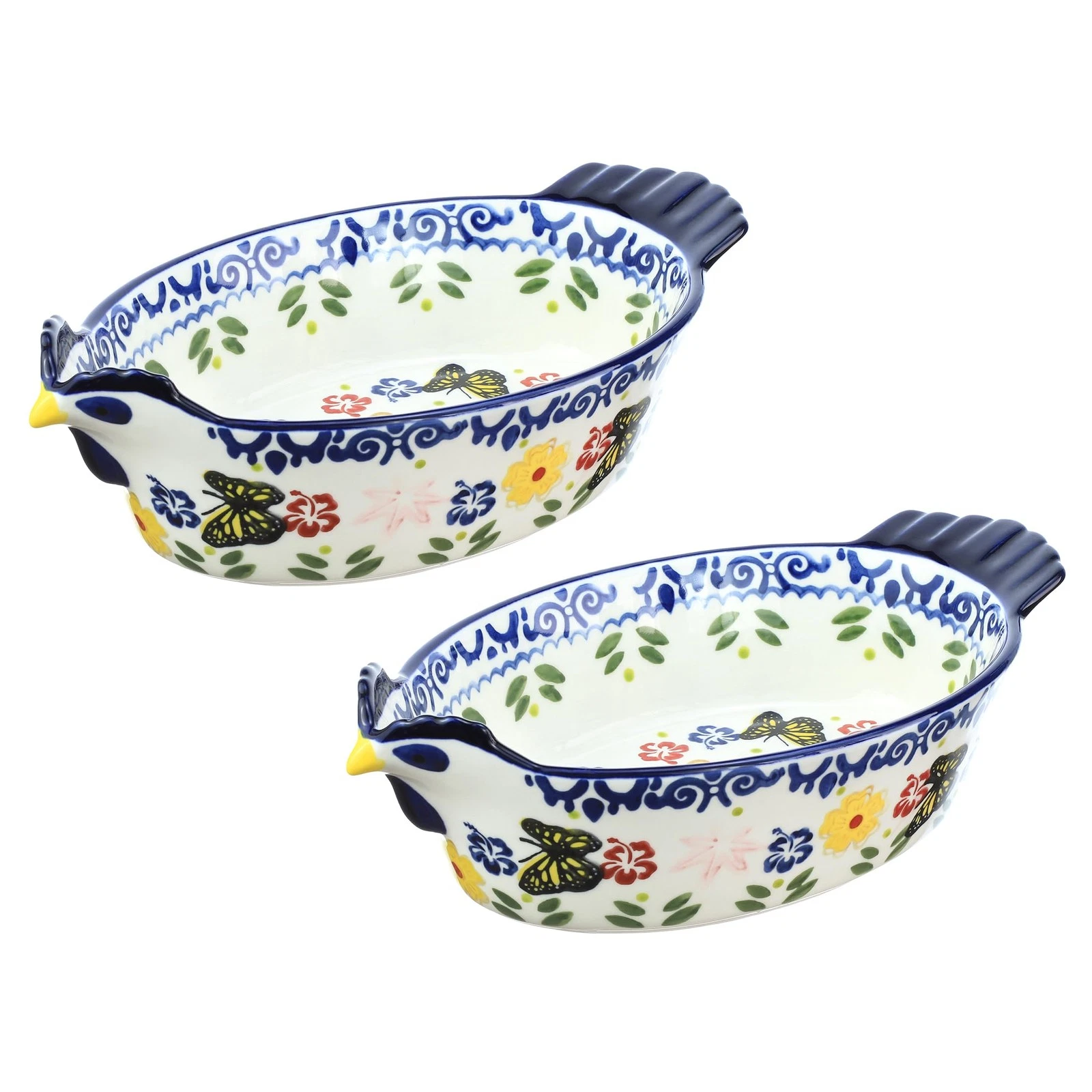 Vintage Butterfly and Flower Pattern Pie Pan, Chicken Shape Ceramic Bakeware ...