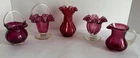(5) Vintage Fenton CRANBERRY Glass Pieces -Vases-Basket-Pitcher