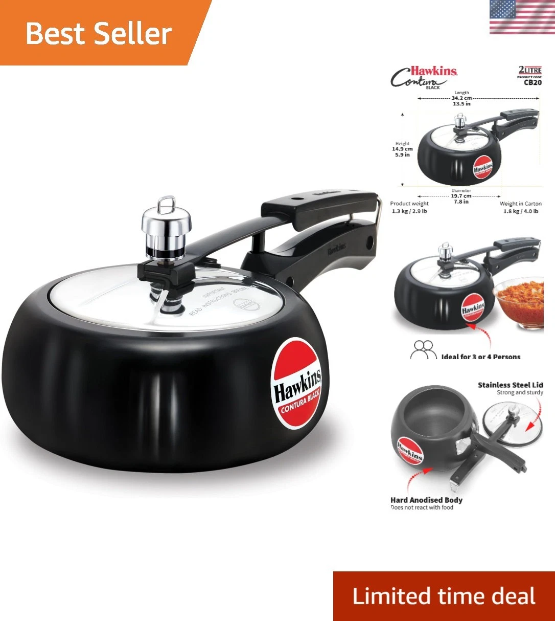 Compact 2L Contura Black Pressure Cooker - Durable, Quick, and Safe Cooking