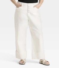 Ava  Viv high rise stretchy wide-leg white jeans, button fly/cuffed hems, Sz 24