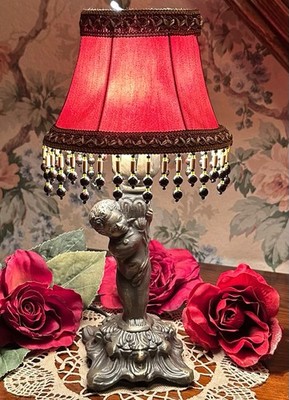 Antique Brass Cherub Lamp Base W/Burgundy Beaded & Fabric Ribbon Lampshade; NWT