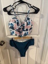 New Dark Green Floral Print Bikini Set with Adjustable Straps US Size 12 NWT