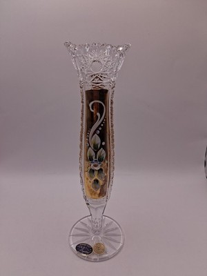 Vtg. Bohemian Crystal Hd Cut 24% Bud Vase, 24K Gold W Enamal Floral Design.