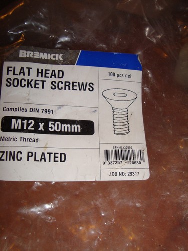 FLAT HEAD SOCKET SCREWS M12 X 50mm bag of 20,, Hi-Tensile 10.9 ZP free post - Picture 2 of 5