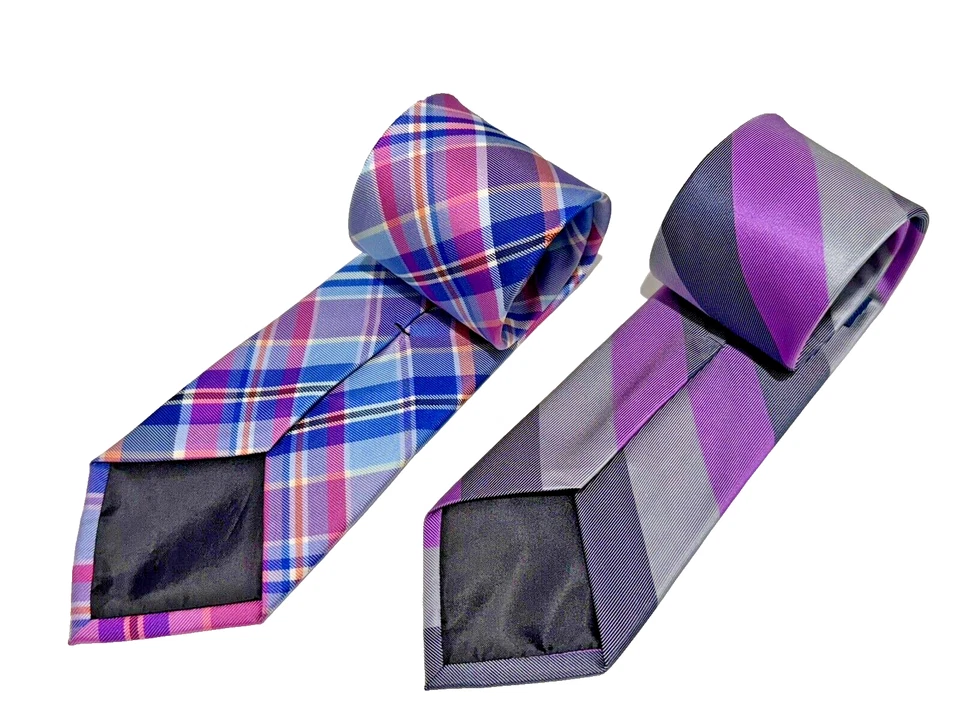 Lote de 2 corbatas de seda "Croft & Barrow"; diseños a cuadros y rayas; rosa, púrpura, gris Foto 2 de 4