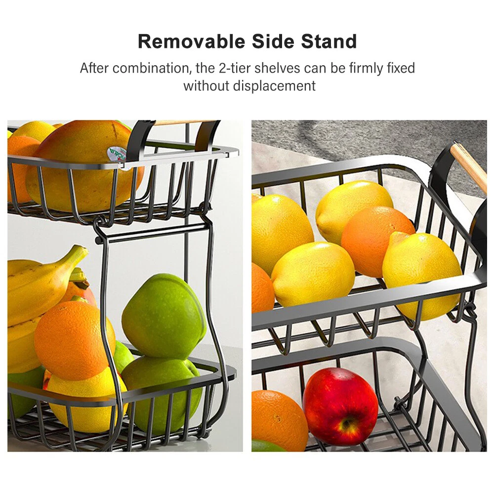 2 Tier Fruit Storage Basket Kitchen Countertop Organizer with Wooden Handle N2Y5 - Picture 9 of 12
